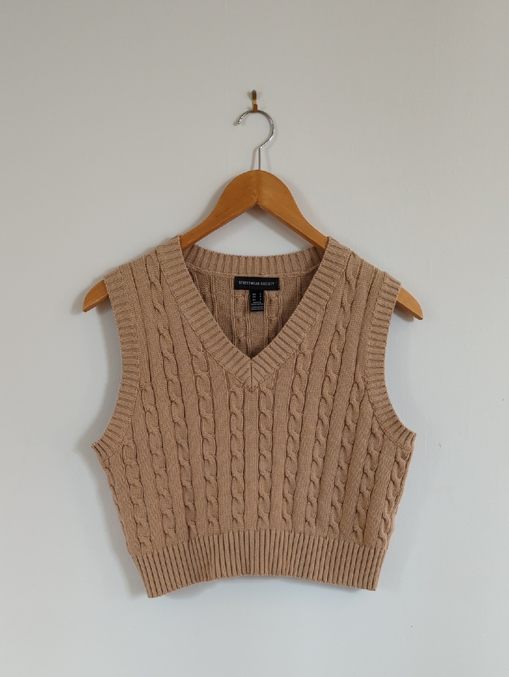 Streetwear Society Cable Knit V-Neck Sweater Vest in Beige